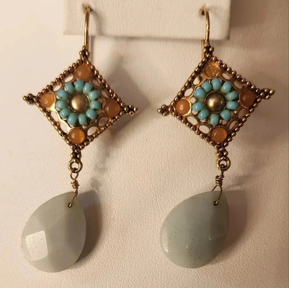 Floral Gold, Orange and Blue Beaded Drop Earring - Picture 2 of 3